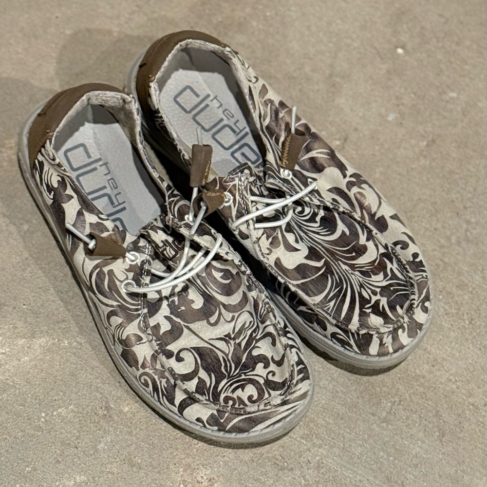 Hey Dude Cream and Brown Floral Print Flats